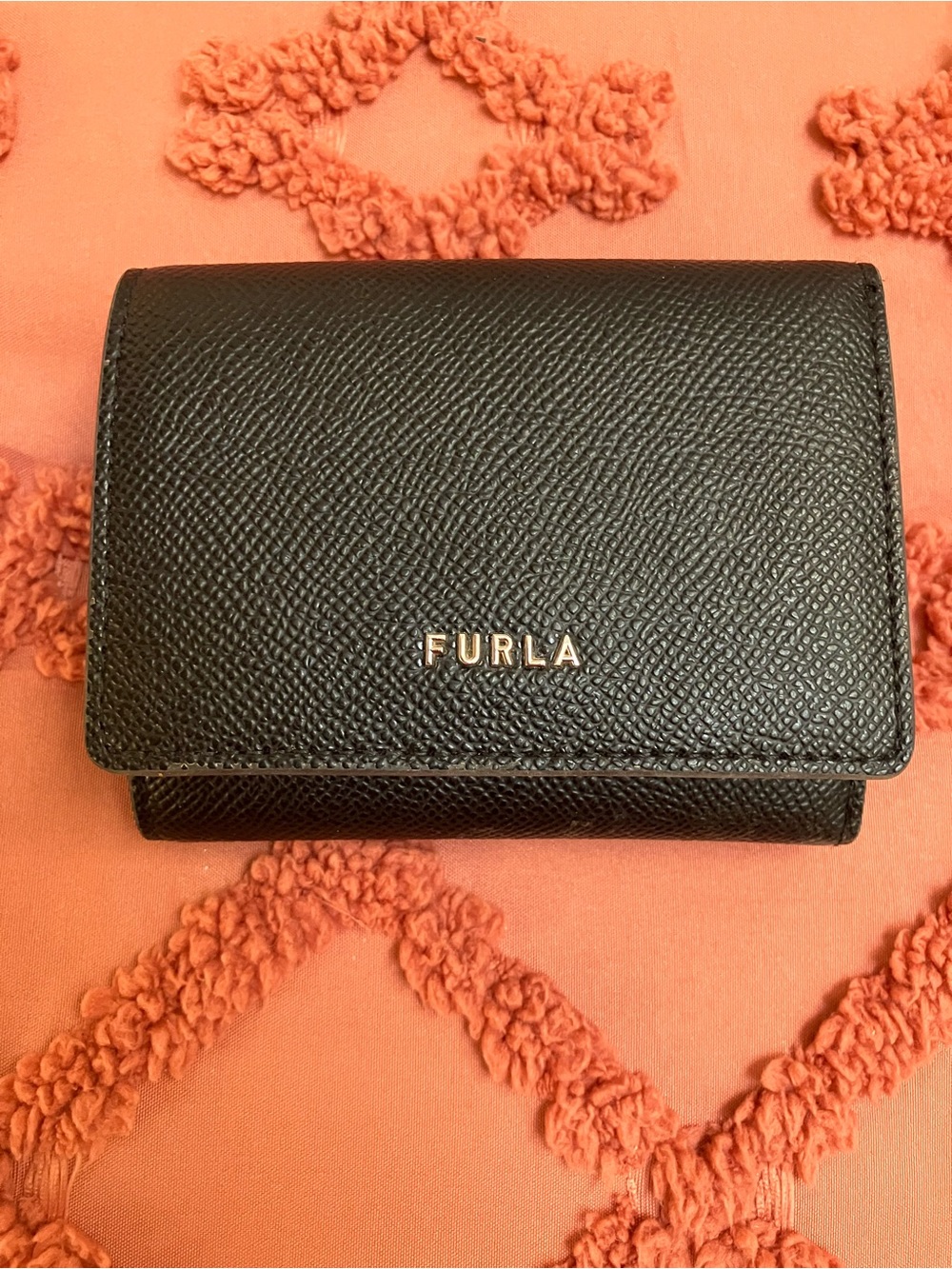 Furla Black Textured Leather Compact Tri-Fold Wallet with Gold Logo- Like New